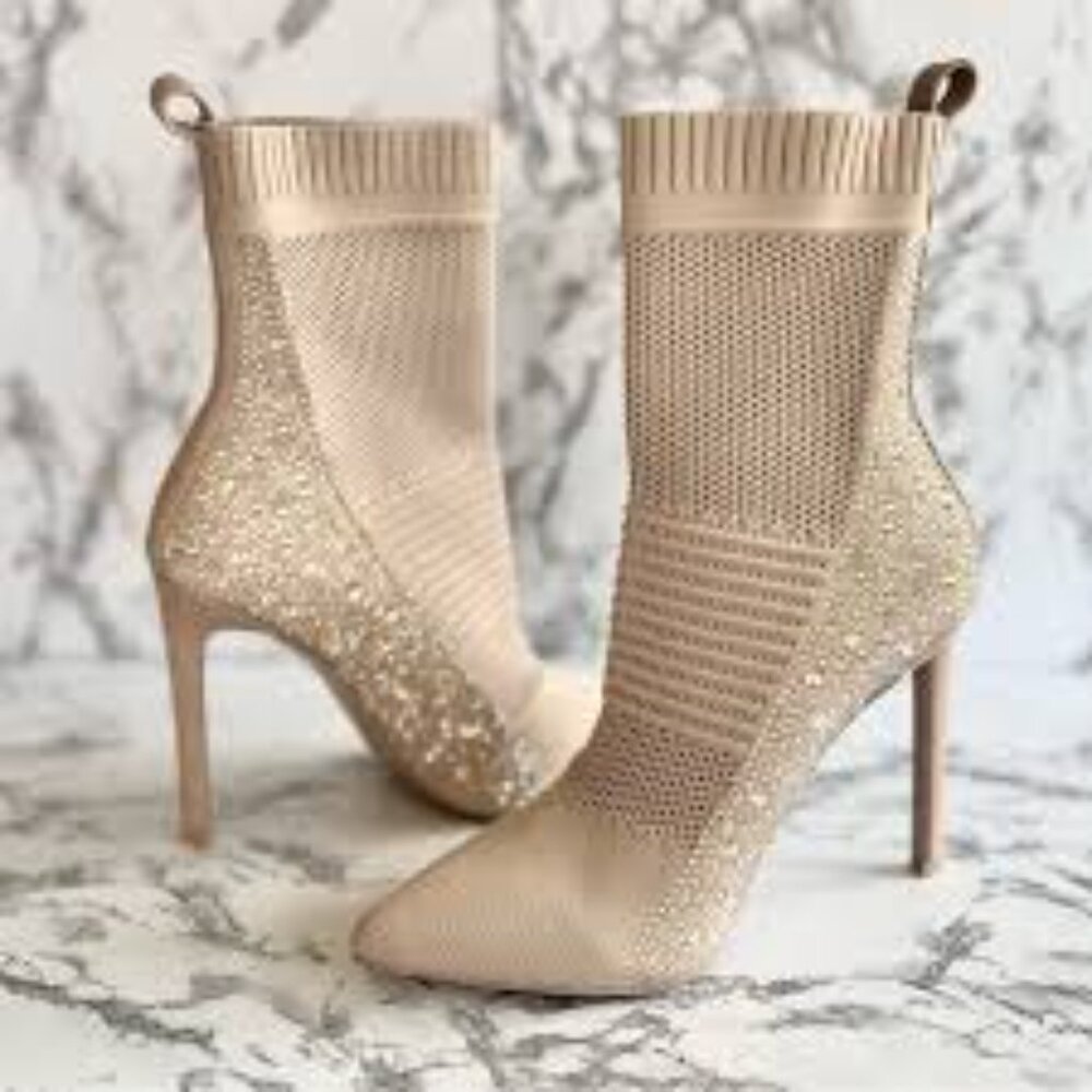 Steve Madden Maxwelle Booties Beige Rhinestone Sock Glam Evening Chic Heel size
